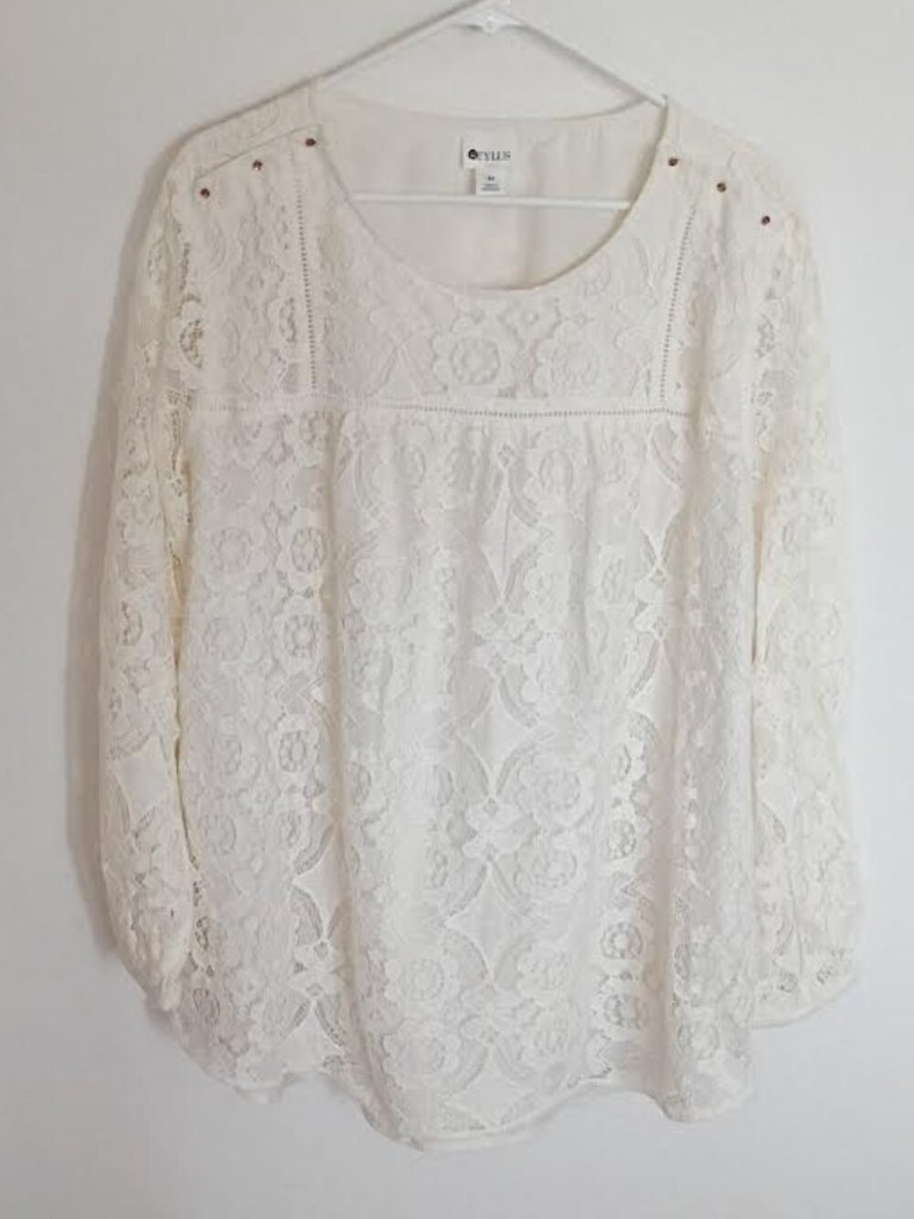 STYLUS WOMEN'S TOP CREAM LACE LONG SLEEVE GOLDTONE BUTTONS LINED BOHO SIZE 3X